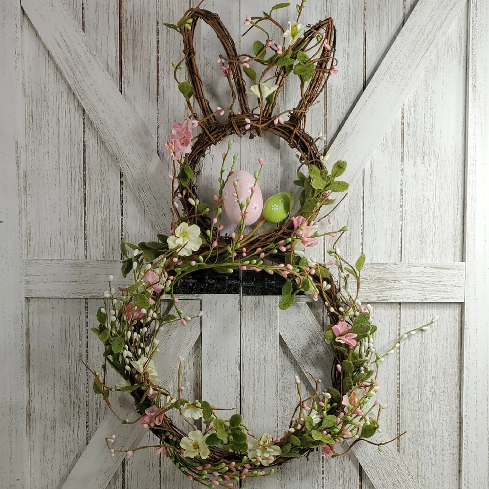 Easter Bunny Shaped Grapevine Holiday Wreath with Pastel Eggs & Flowers